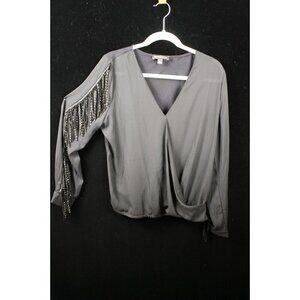 INC International Concepts Women's Fringe Sleeve V-Neck Blouse L Black